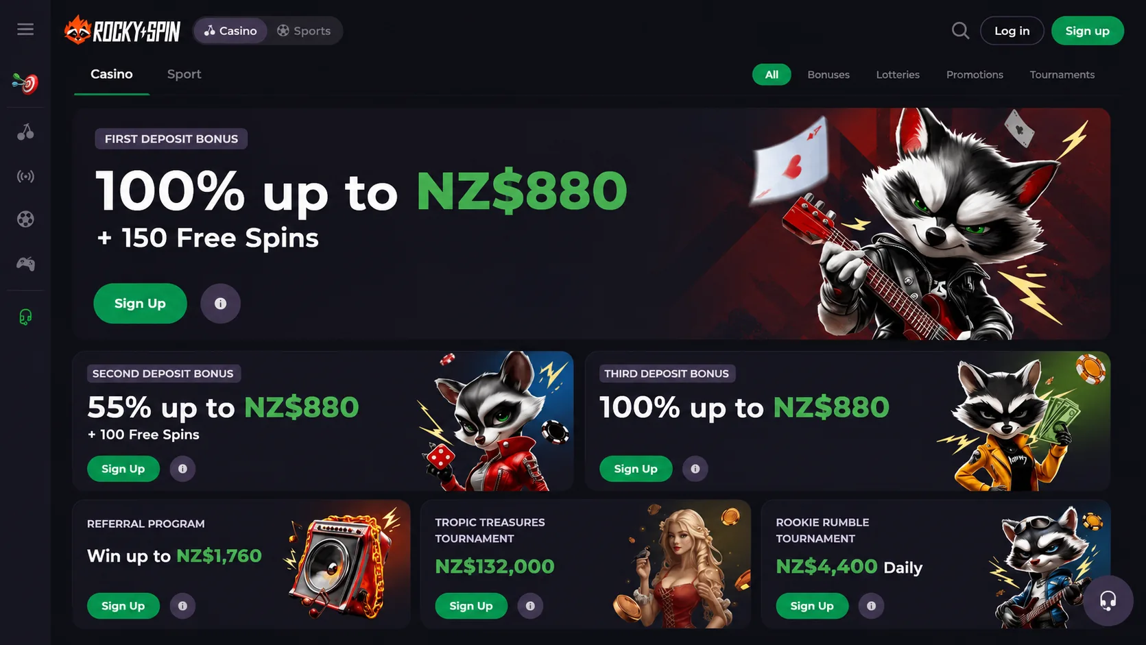 RockySpin promotions section with bonus and reward panels