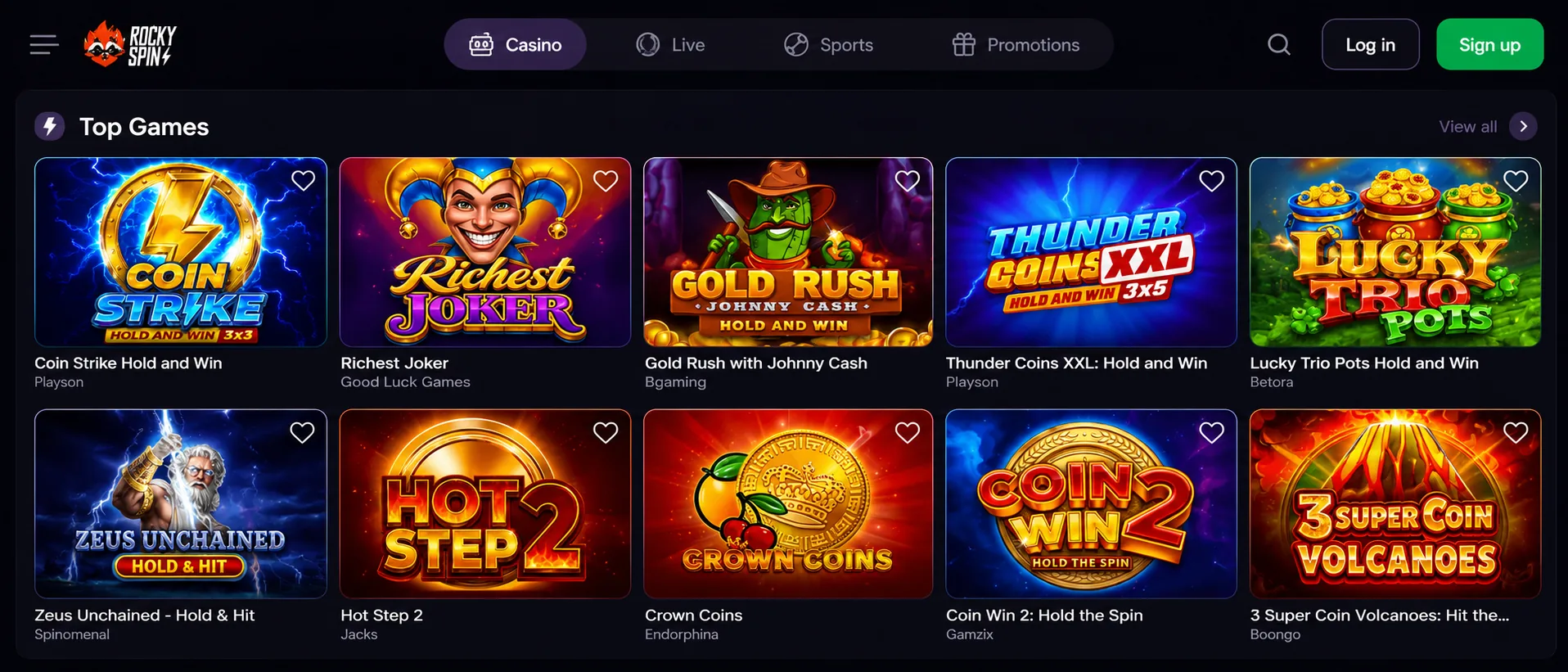 RockySpin games section with slot lobby cards and browsing controls